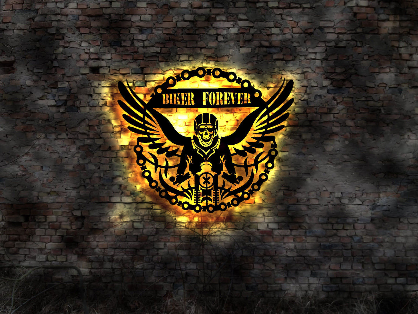 Biker Forever Logo LED Club Aufnäher Sticker Leuchtreklame Wandtattoo Helm Racer Sticker Deko Leuchtreklame LED Motorradfahrer Motorrad