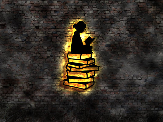 LED Wandbild Bild Buch Bücher Buchbinder Bücherei Bibliothek Schild Aufkleber Bibo Bücherei Buchgeschäft Lesebrille Leselupe Lesen