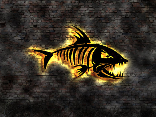 LED Wandbild Fisch Skelett Angelladen Aufsteller Deko Skulptur Aquaristik Laden Aufkleber Buch Schild LED Deko fish