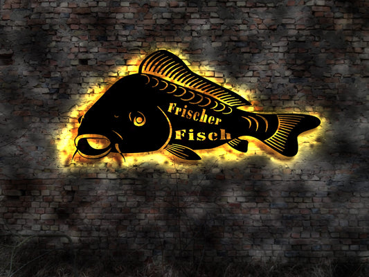 LED Wandbild frischer Fisch Fischer Fischerei Netz Angler Boot Reuse Buch Schild Ladengeschäft Fischladen Reuse Fangnetz Köder