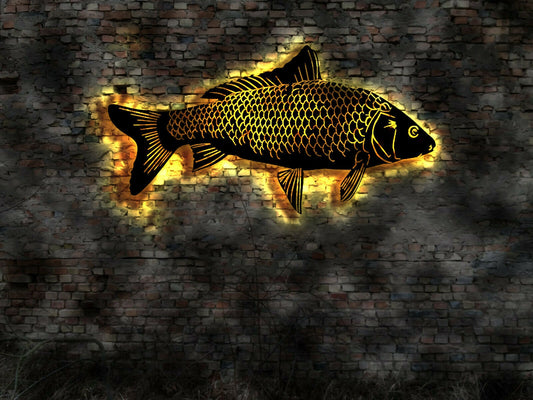 LED Wandbild Karpfen Fisch Reuse Futter Netz Angler Buch Teich Würmer Kescher LED Wandbild Werbung no Neon sign Deko Poster Bild Plakat