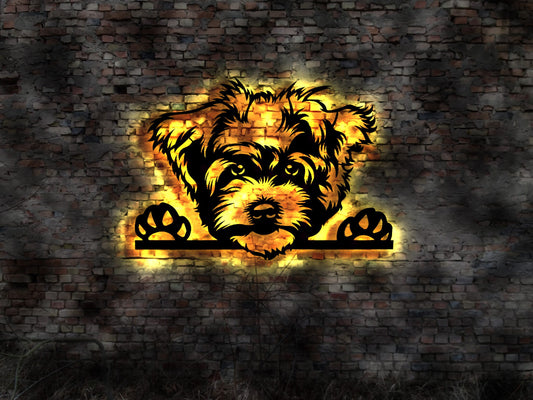 Maltester  LED Wandbild aus Holz Welpen Welpe Buch Hund Dog Zucht Züchter Führleine Plüschtier Skulptur Spielzeug Stoffhund Silhouette