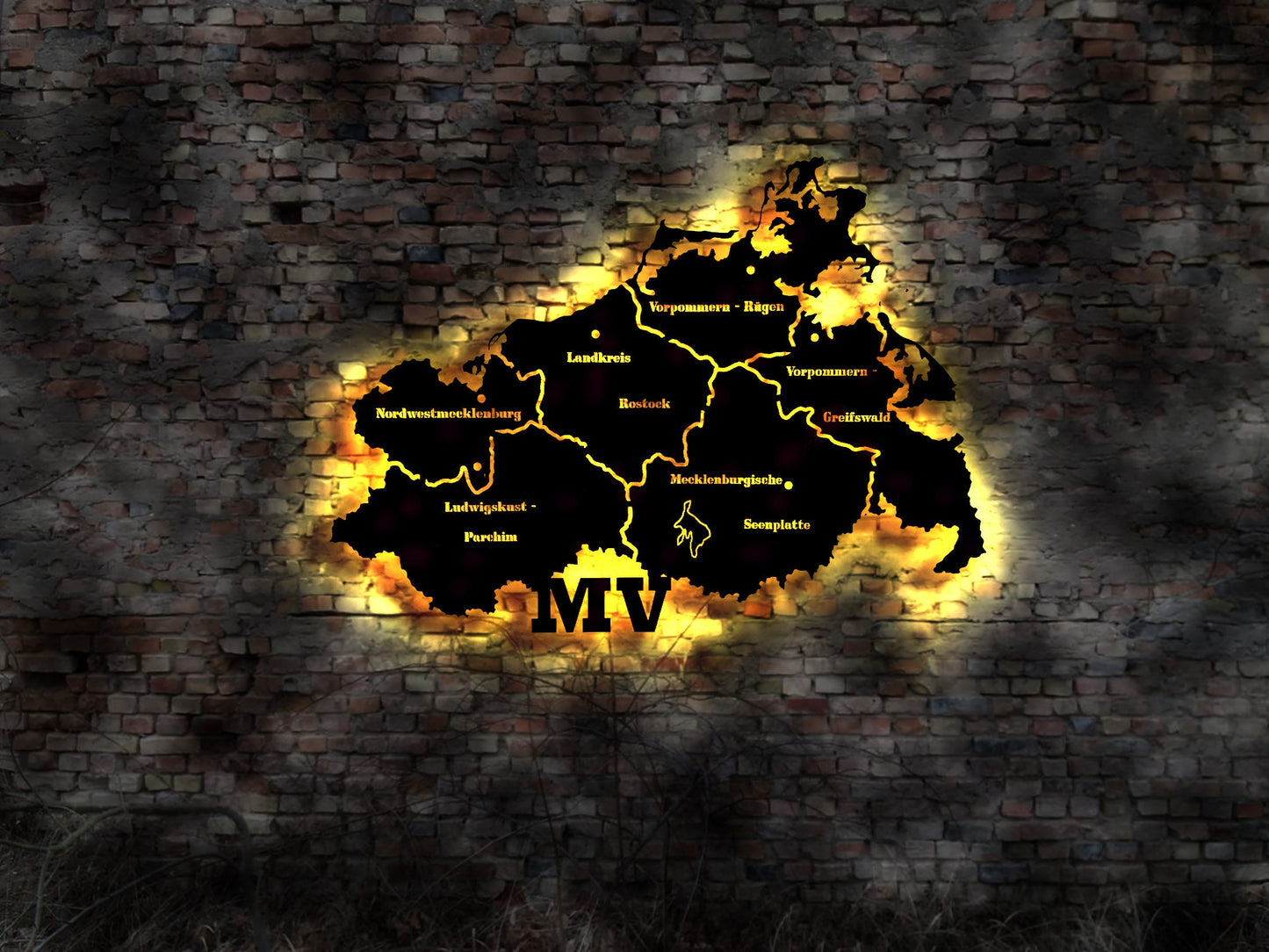 Skyline Mecklenburg Vorpommern MV Urlaub LED Wandbild aus Holz Stadt AK Karte Map Stadtplan Wandsticker Leuchtbild Neonreklame Neon sign