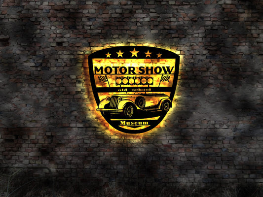 Motor Show Oldtimer Garage Museum Schild no Neonreklame Youngtimer Buch Bild Neonreklame Schild Blechschild Wandlampe LED Wandbild