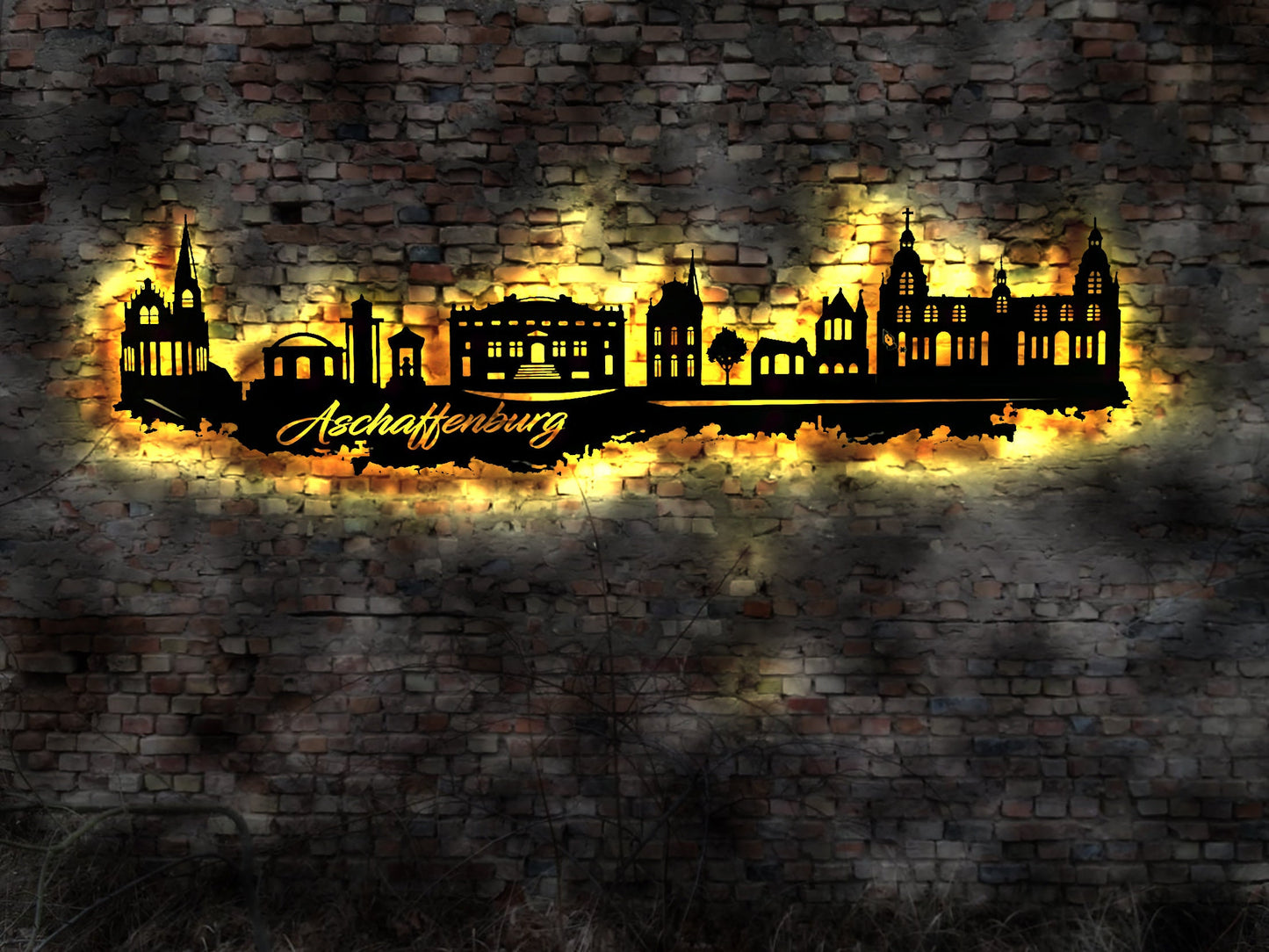 Skyline Aschaffenburg LED Wandbild Holz Stadt AK Karte Map Stadtplan Wandsticker Leuchtbild Neonreklame Wandtattoo Reiseführer Silhouette