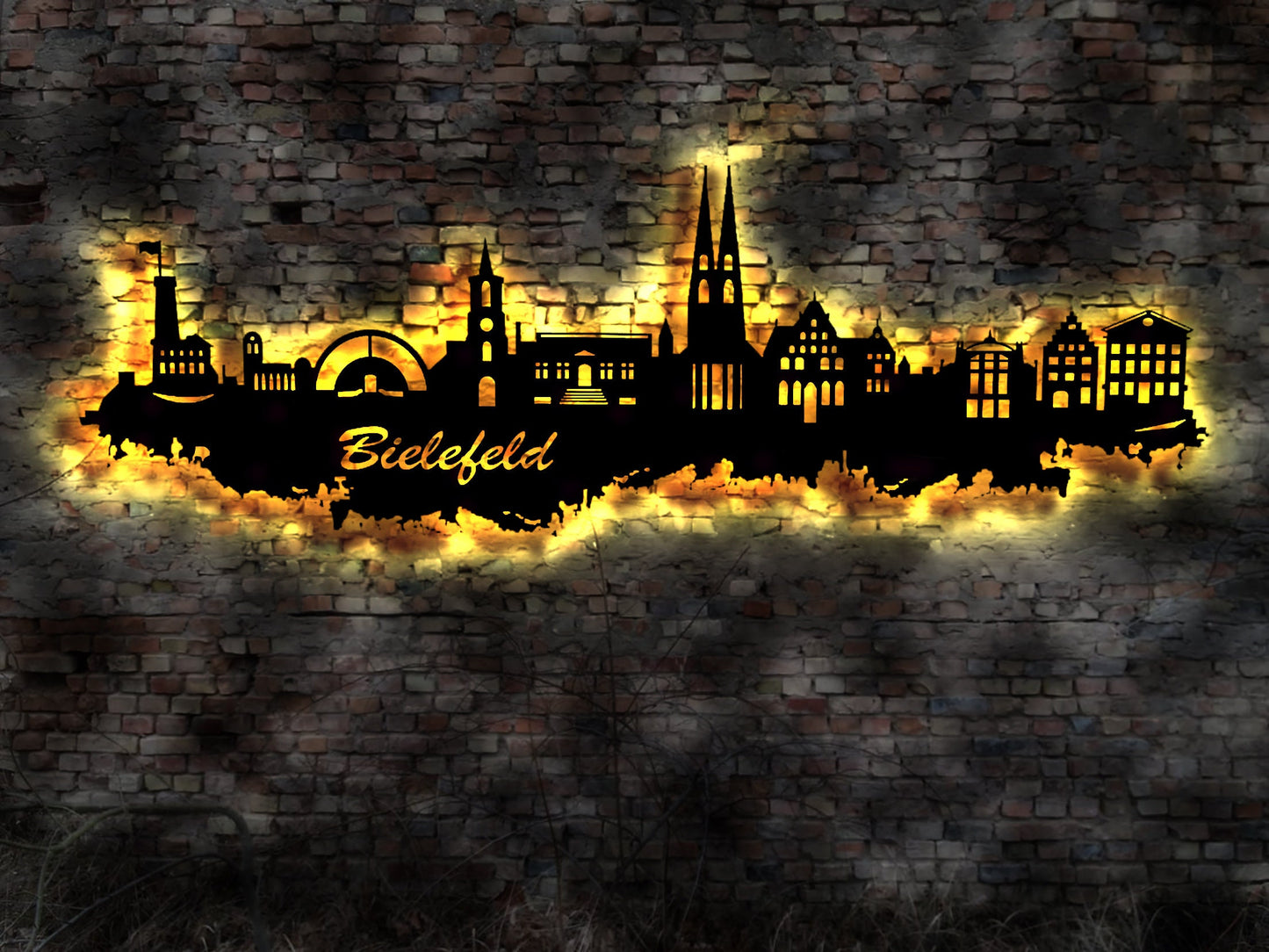 Skyline Bielefeld LED Wandbild Holz Stadt AK Karte Map Stadtplan Wandsticker Leuchtbild Neonreklame Wandtattoo Reiseführer Silhouette
