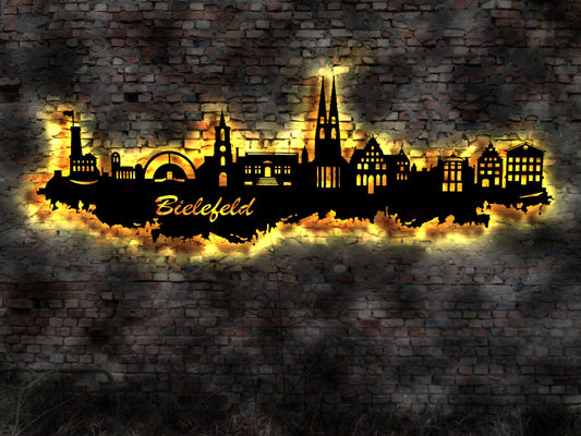 Skyline Bielefeld LED Wandbild Holz Stadt AK Karte Map Stadtplan Wandsticker Leuchtbild Neonreklame Wandtattoo Reiseführer Silhouette