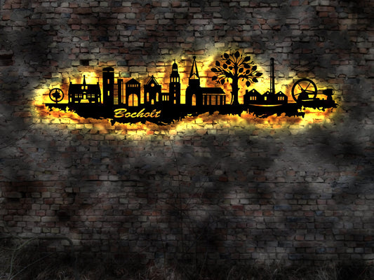 Skyline Bocholt LED Wandbild Holz Stadt AK Karte Map Stadtplan Wandsticker Leuchtbild Neonreklame Wandtattoo Reiseführer Silhouette