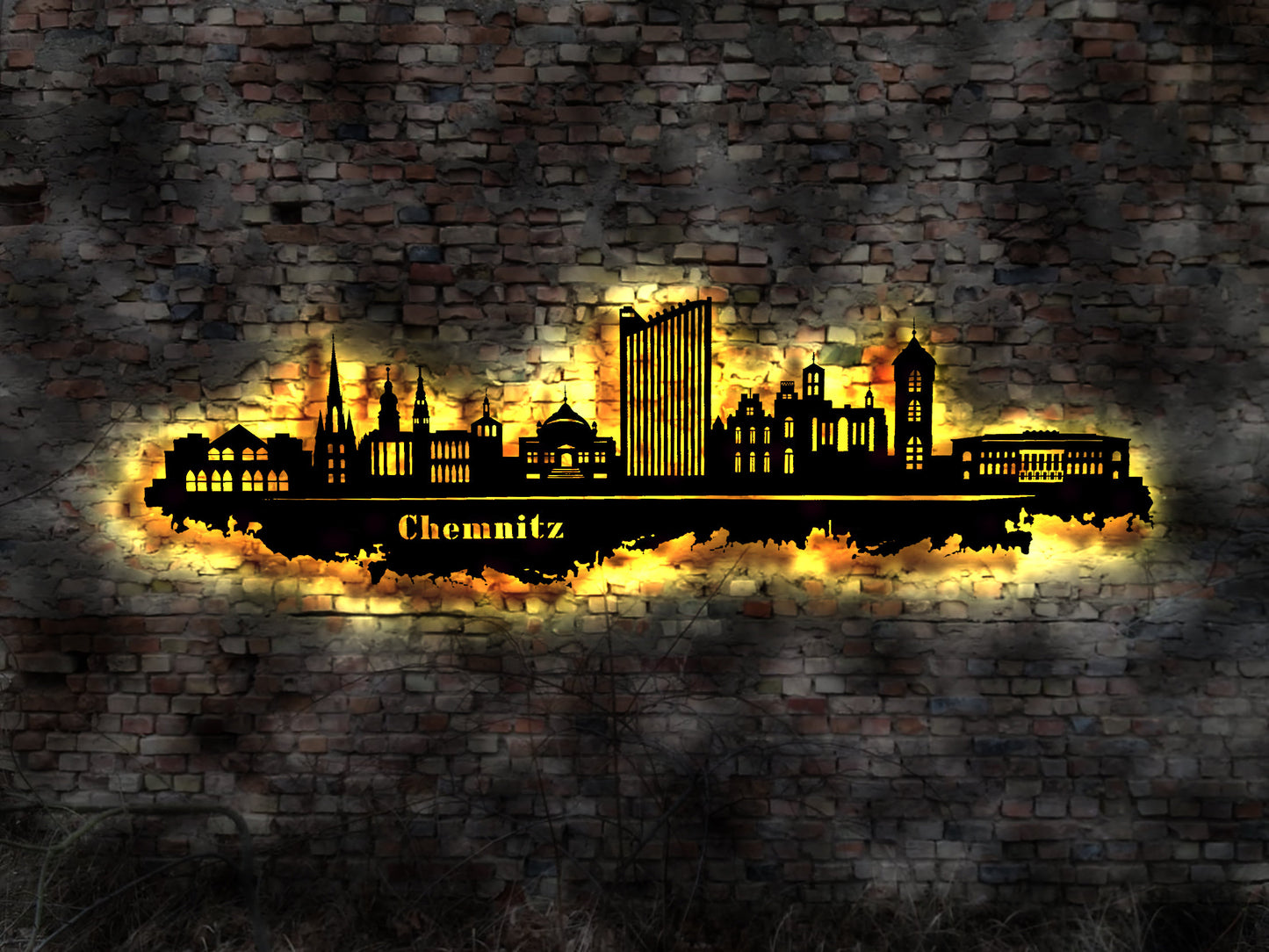 Skyline Chemnitz LED Wandbild Holz Stadt AK Karte Map Stadtplan Wandsticker Leuchtbild Neonreklame Wandtattoo Reiseführer Silhouette