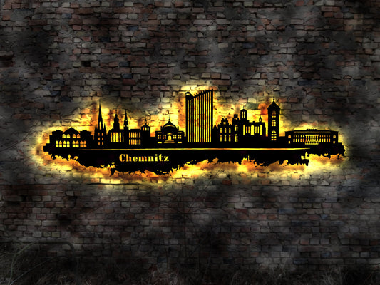 Skyline Chemnitz LED Wandbild Holz Stadt AK Karte Map Stadtplan Wandsticker Leuchtbild Neonreklame Wandtattoo Reiseführer Silhouette
