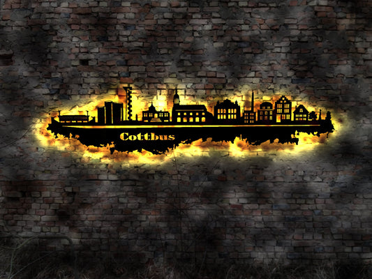 Skyline Cottbus  LED Wandbild Holz Stadt AK Karte Map Stadtplan Wandsticker Leuchtbild Neonreklame Wandtattoo Reiseführer Silhouette