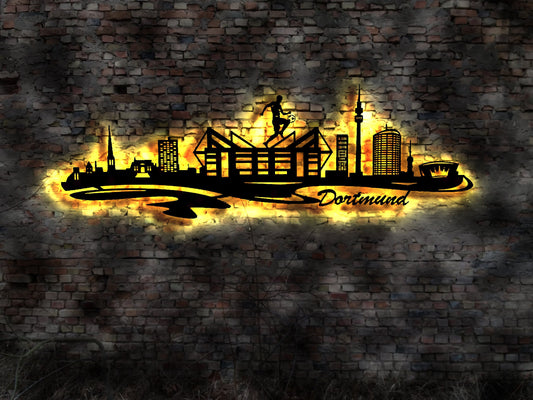Skyline Dortmund LED Wandbild Holz Stadt AK Karte Map Stadtplan Wandsticker Leuchtbild Neonreklame Wandtattoo Reiseführer Silhouette