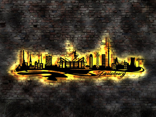 Skyline Duisburg LED Wandbild Holz Stadt AK Karte Map Stadtplan Wandsticker Leuchtbild Neonreklame Wandtattoo Reiseführer Silhouette