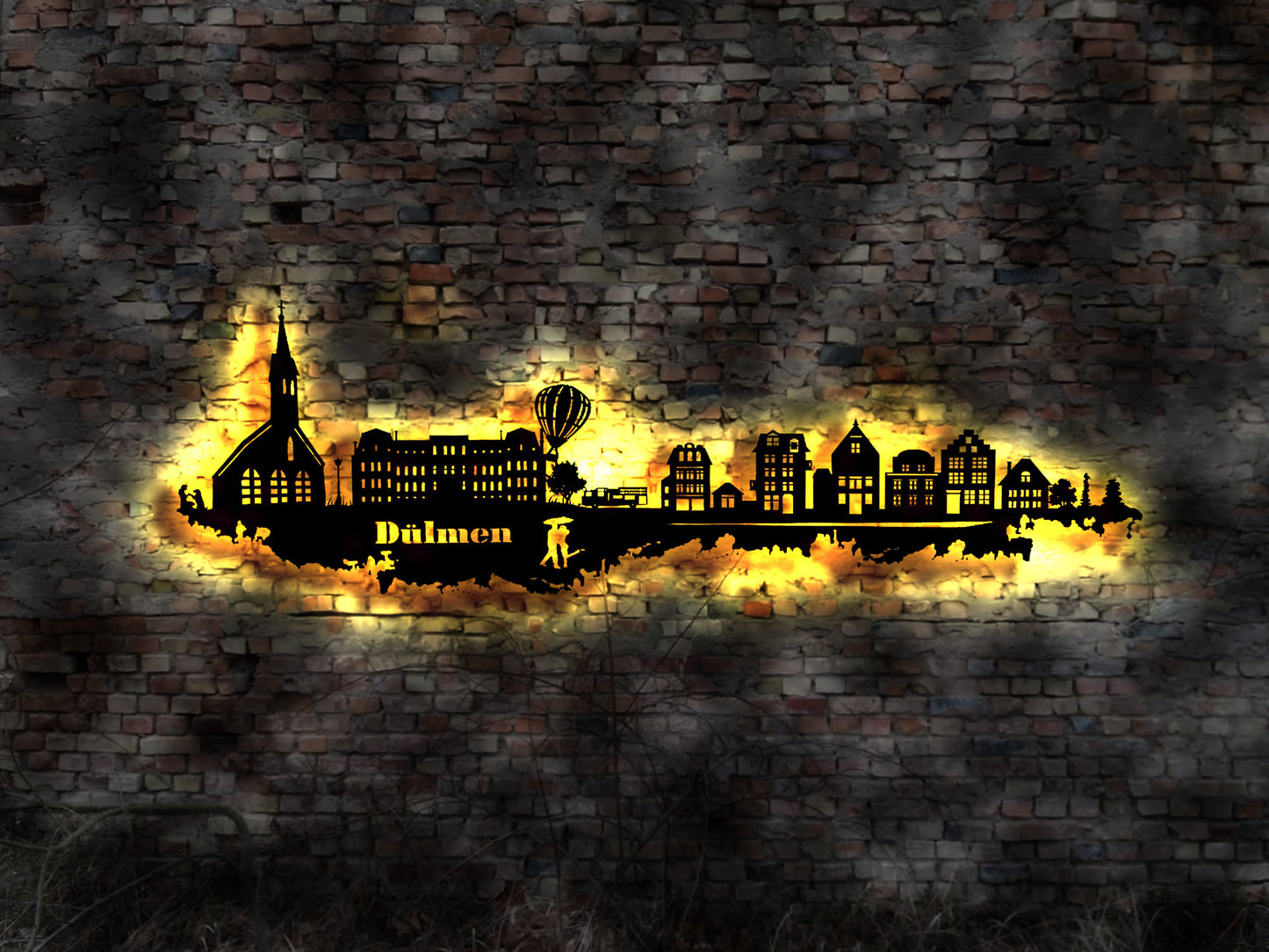 Skyline Dülmen LED Wandbild Holz Stadt AK Karte Map Stadtplan Wandsticker Leuchtbild Neonreklame Wandtattoo Reiseführer Silhouette