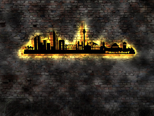 Skyline Düsseldorf LED Wandbild Holz Stadt AK Karte Map Stadtplan Wandsticker Leuchtbild Neonreklame Wandtattoo Reiseführer Silhouette