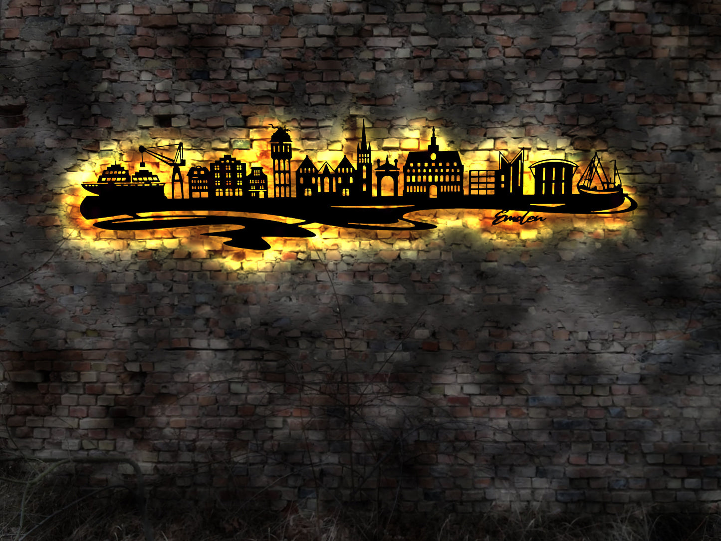 Skyline Emden LED Wandbild Holz Stadt AK Karte Map Stadtplan Wandsticker Leuchtbild Neonreklame Wandtattoo Reiseführer Silhouette
