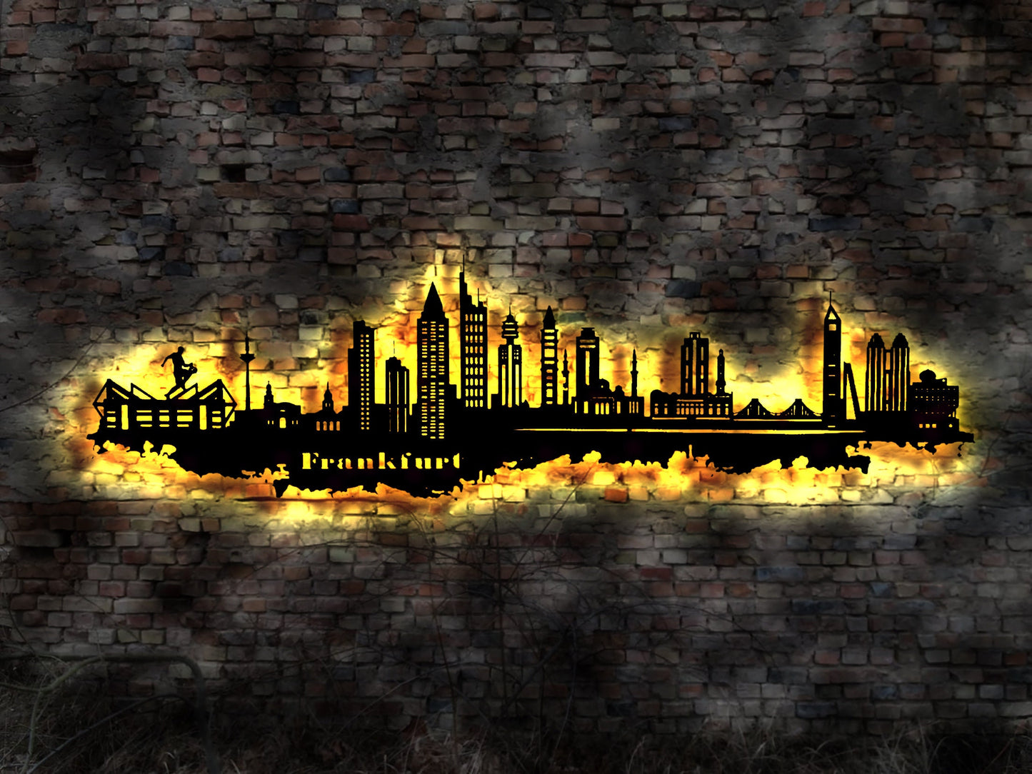 Skyline Frankfurt am Main  Wandbild Holz Stadt AK Karte Map Stadtplan Wandsticker Leuchtbild Neonreklame Wandtattoo Reiseführer Silhouette