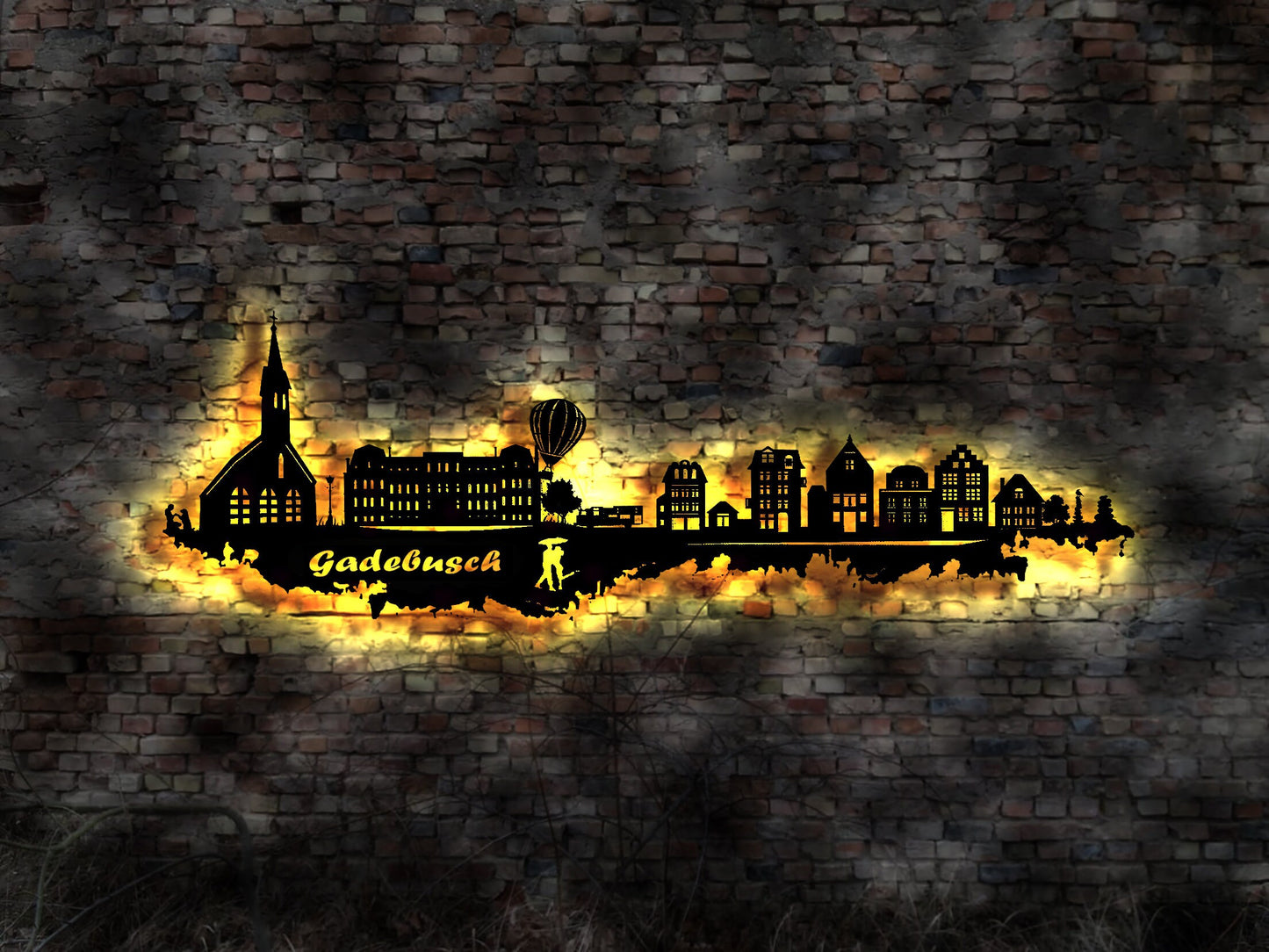 Skyline Gadebusch MV LED Wandbild Holz Stadt AK Karte Map Stadtplan Wandsticker Leuchtbild Neonreklame Wandtattoo Reiseführer Silhouette