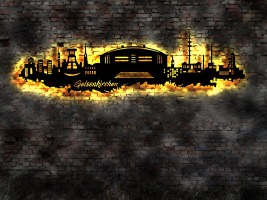 Skyline Gelsenkirchen LED Wandbild Holz Stadt AK Karte Map Stadtplan Wandsticker Leuchtbild Neonreklame Wandtattoo Reiseführer Silhouette