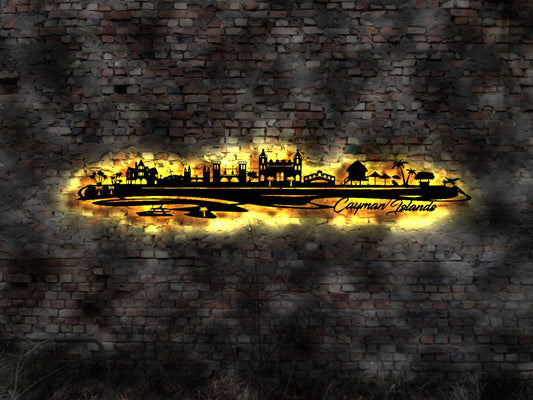 Skyline Cayman Islands Urlaub  LED Wandbild Holz Stadt AK Karte Map Wandsticker Leuchtbild Neonreklame Wandtattoo Reiseführer Silhouette