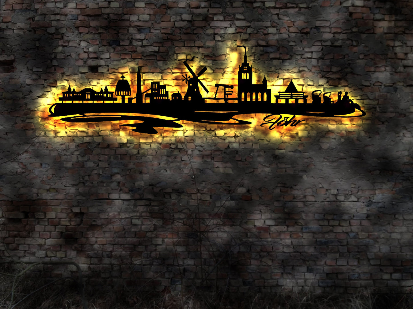 Skyline Föhr Ostfriesland Urlaub  LED Wandbild Holz Stadt AK Karte Map Wandsticker Leuchtbild Neonreklame Wandtattoo Reiseführer Silhouette