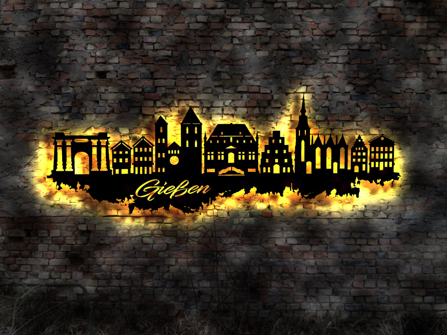 Skyline Gießen LED Wandbild Holz Stadt AK Karte Map Stadtplan Wandsticker Leuchtbild Neonreklame Wandtattoo Reiseführer Silhouette
