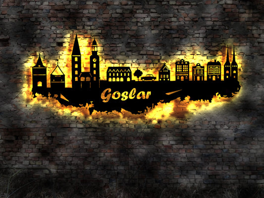 Skyline Goslar LED Wandbild Holz Stadt AK Karte Map Stadtplan Wandsticker Leuchtbild Neonreklame Wandtattoo Reiseführer Silhouette