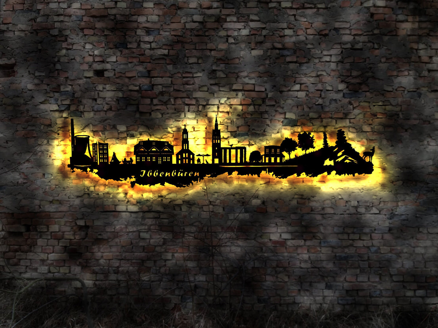 Skyline Ibbenbüren LED Wandbild Holz Stadt AK Karte Map Stadtplan Wandsticker Leuchtbild Neonreklame Wandtattoo Reiseführer Silhouette