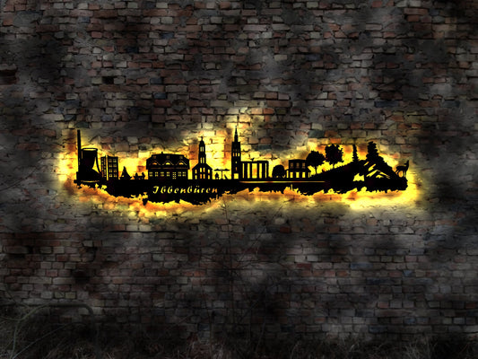 Skyline Ibbenbüren LED Wandbild Holz Stadt AK Karte Map Stadtplan Wandsticker Leuchtbild Neonreklame Wandtattoo Reiseführer Silhouette