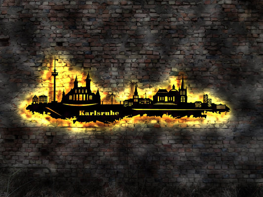 Skyline Karlsruhe LED Wandbild Holz Stadt AK Karte Map Stadtplan Wandsticker Leuchtbild Neonreklame Wandtattoo Reiseführer Silhouette