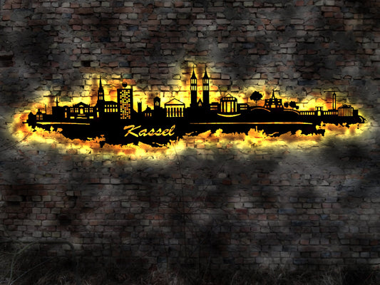 Skyline Kassel LED Wandbild Holz Stadt AK Karte Map Stadtplan Wandsticker Leuchtbild Neonreklame Wandtattoo Reiseführer Silhouette