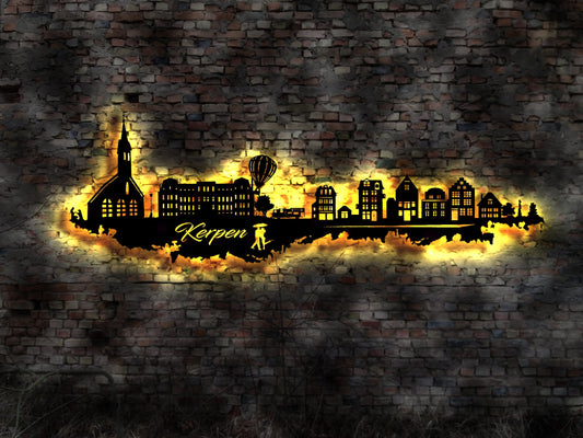 Skyline Kerpen  LED Wandbild Holz Stadt AK Karte Map Stadtplan Wandsticker Leuchtbild Neonreklame Wandtattoo Reiseführer Silhouette