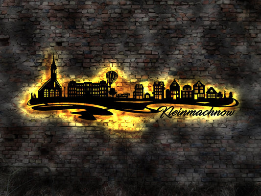 Skyline Kleinmachnow LED Wandbild Holz Stadt AK Karte Map Stadtplan Wandsticker Leuchtbild Neonreklame Wandtattoo Reiseführer Silhouette