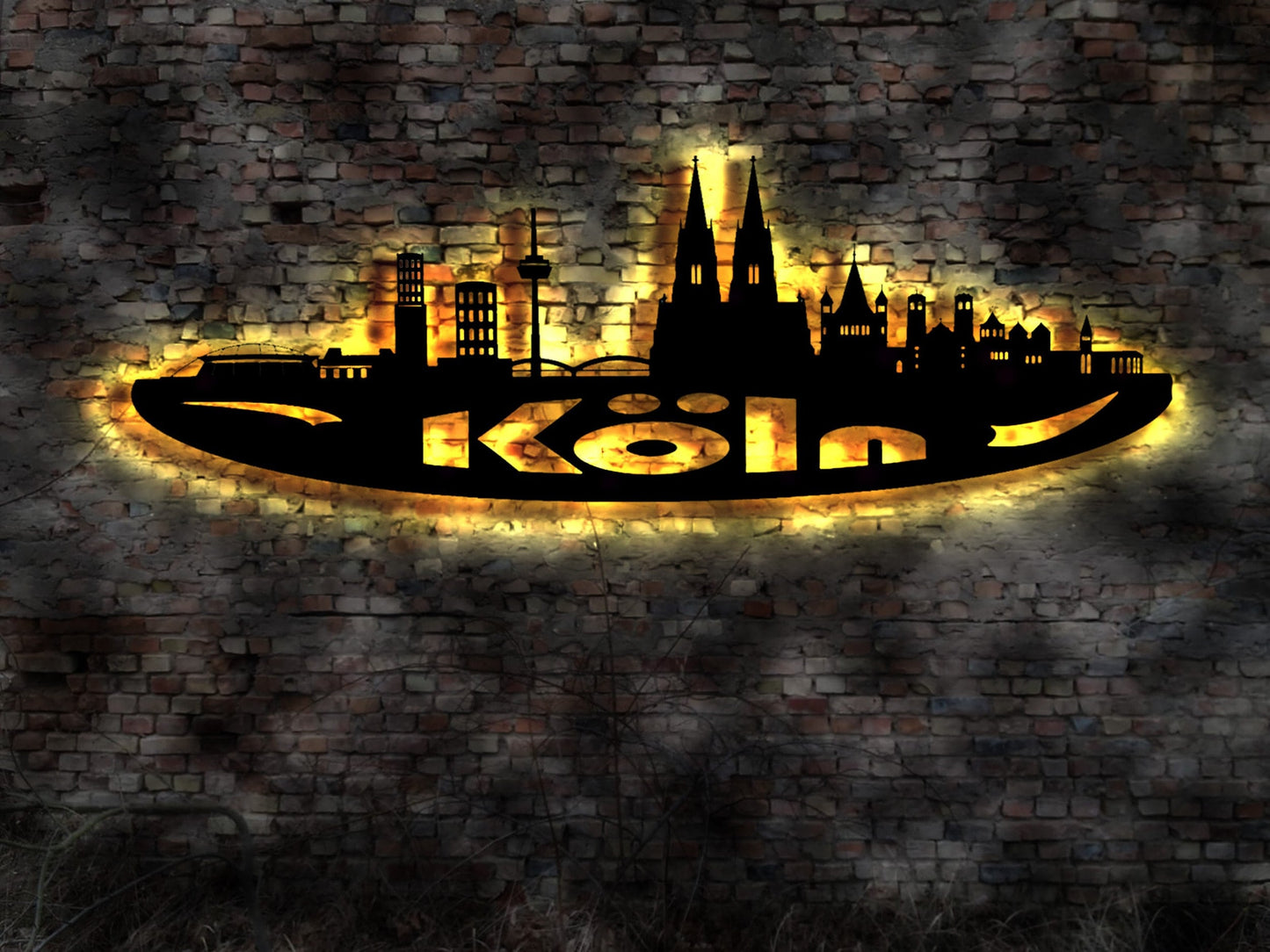 Skyline Köln Cologne LED Wandbild Holz Stadt AK Karte Map Stadtplan Wandsticker Leuchtbild Neonreklame Wandtattoo Reiseführer Silhouette