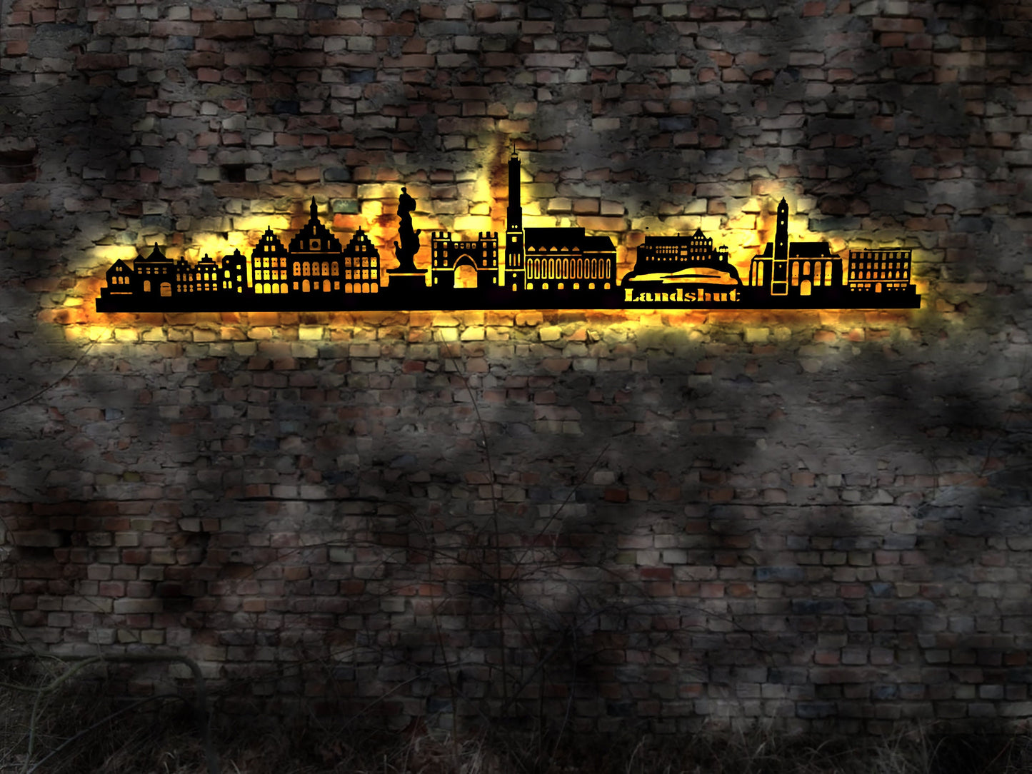 Skyline Landshut LED Wandbild Holz Stadt AK Karte Map Stadtplan Wandsticker Leuchtbild Neonreklame Wandtattoo Reiseführer Silhouette