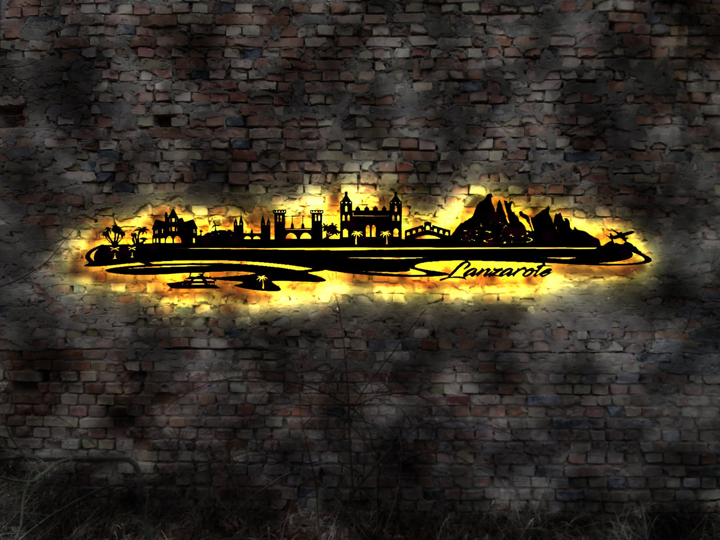 Skyline Lanzarote Kanaren Island Insel Holiday  Holz Stadt AK Karte Map Wandsticker Leuchtbild Neonreklame Wandtattoo Reiseführer Silhouette