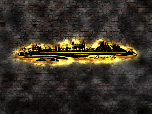 Skyline Lanzarote Kanaren Island Insel Holiday  Holz Stadt AK Karte Map Wandsticker Leuchtbild Neonreklame Wandtattoo Reiseführer Silhouette