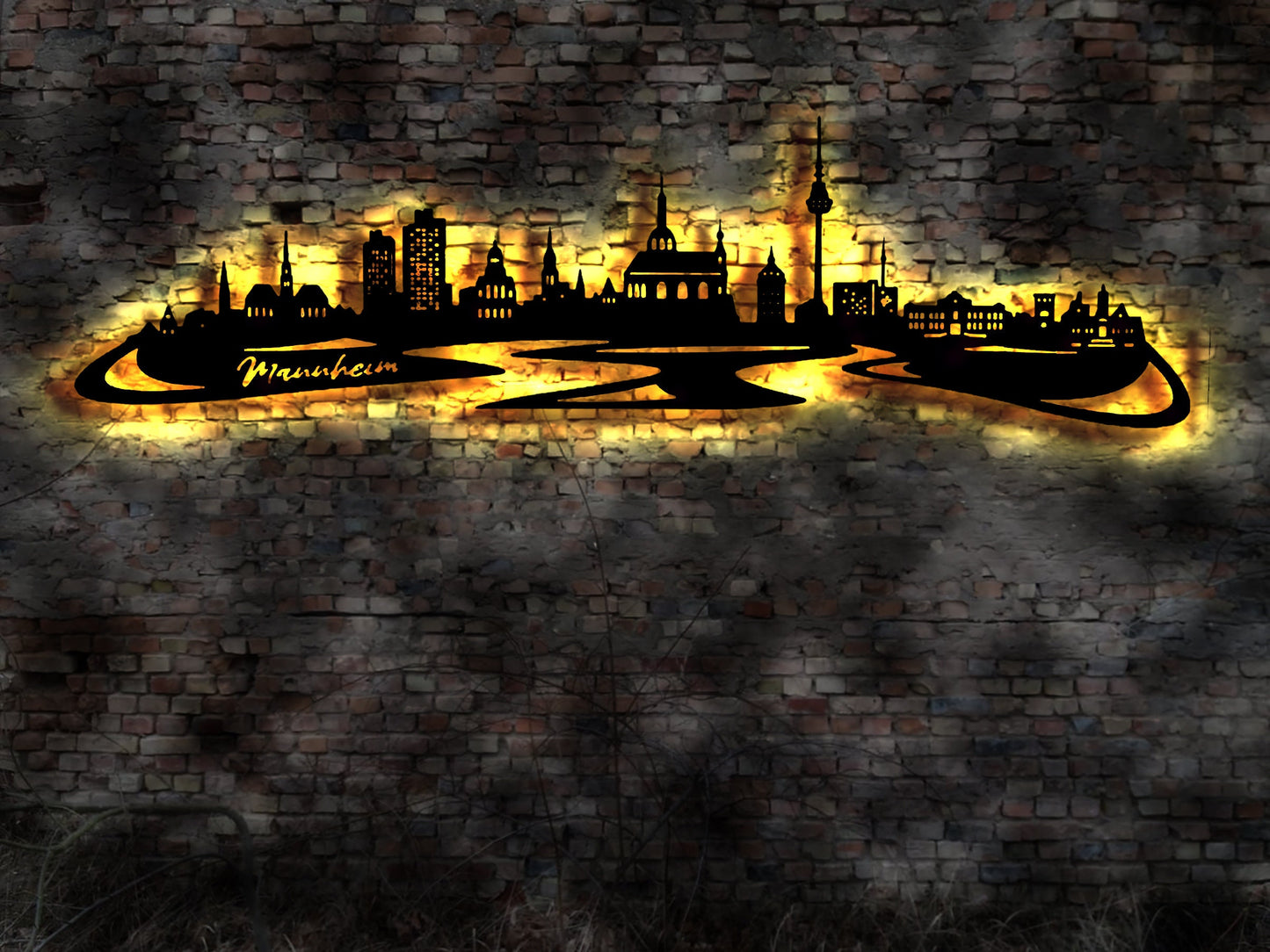 Skyline Mannheim LED Wandbild Holz Stadt AK Karte Map Stadtplan Wandsticker Leuchtbild Neonreklame Wandtattoo Reiseführer Silhouette