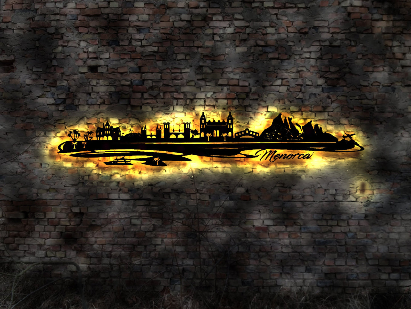 Skyline Insel Menorca LED Wandbild Holz Stadt AK Karte Map Wandsticker Leuchtbild Neonreklame Wandtattoo Reiseführer Silhouette