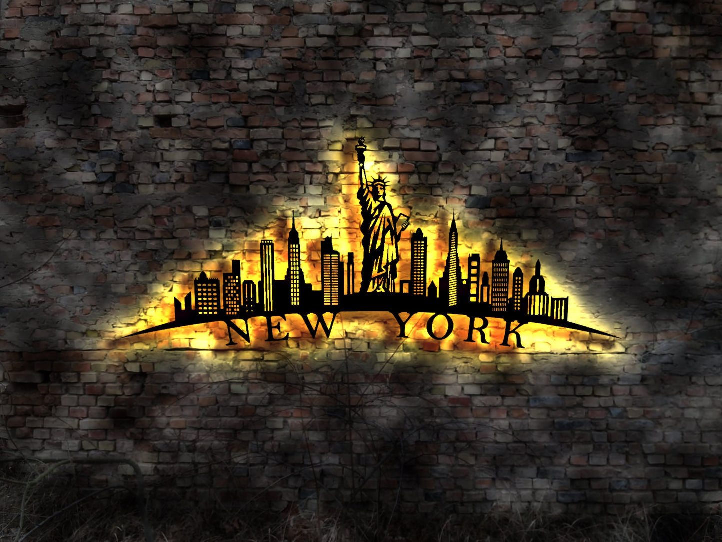Skyline New York Yorck LED Wandbild Holz Stadt AK Karte Map Stadtplan Wandsticker Leuchtbild Neonreklame Wandtattoo Reiseführer Silhouette