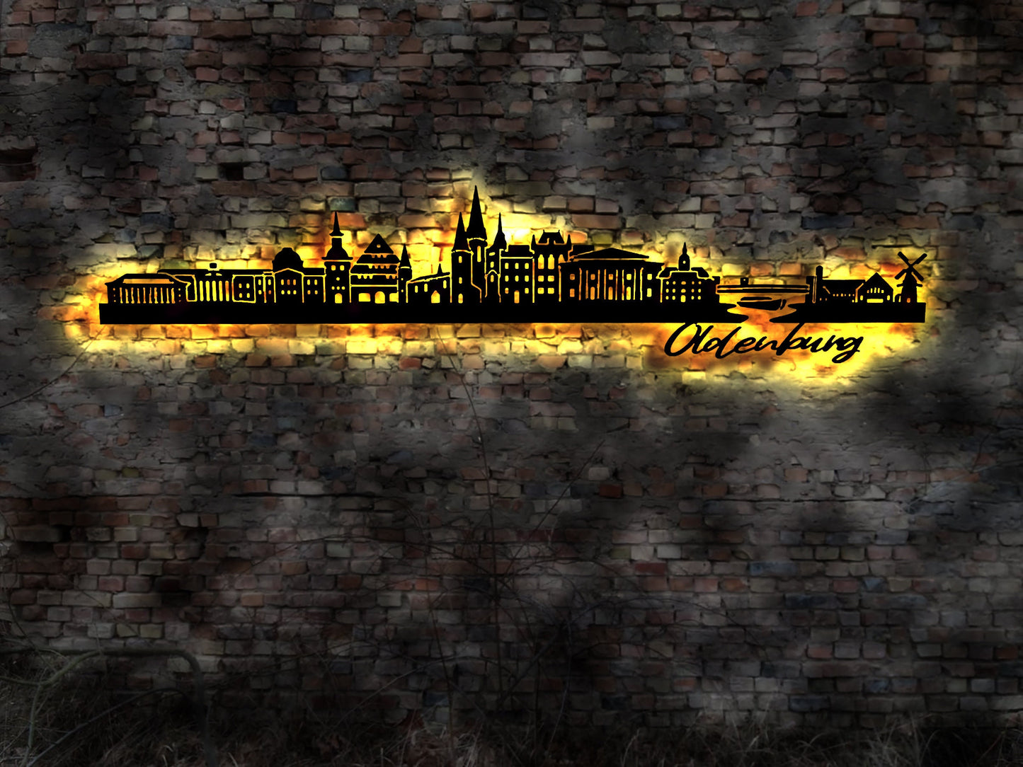 Skyline Oldenburg  LED Wandbild   Holz Stadt AK Karte Map Stadtplan Wandsticker Leuchtbild Neonreklame Wandtattoo Reiseführer Silhouette