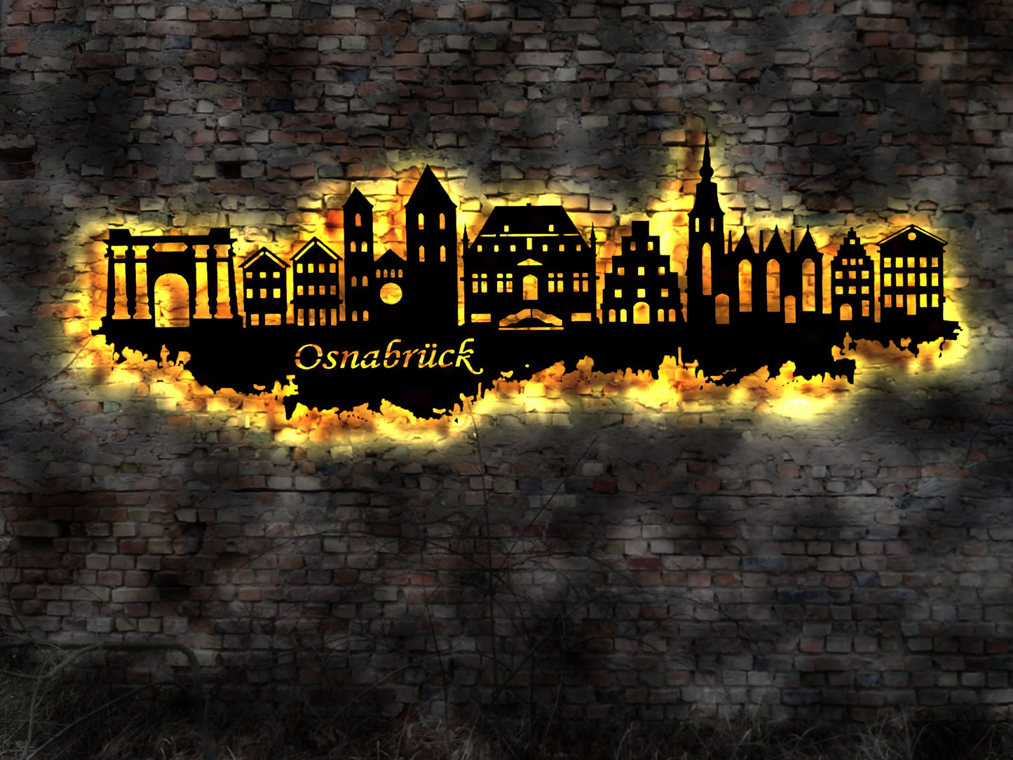 Skyline Osnabrück LED Wandbild   Holz Stadt AK Karte Map Stadtplan Wandsticker Leuchtbild Neonreklame Wandtattoo Reiseführer Silhouette