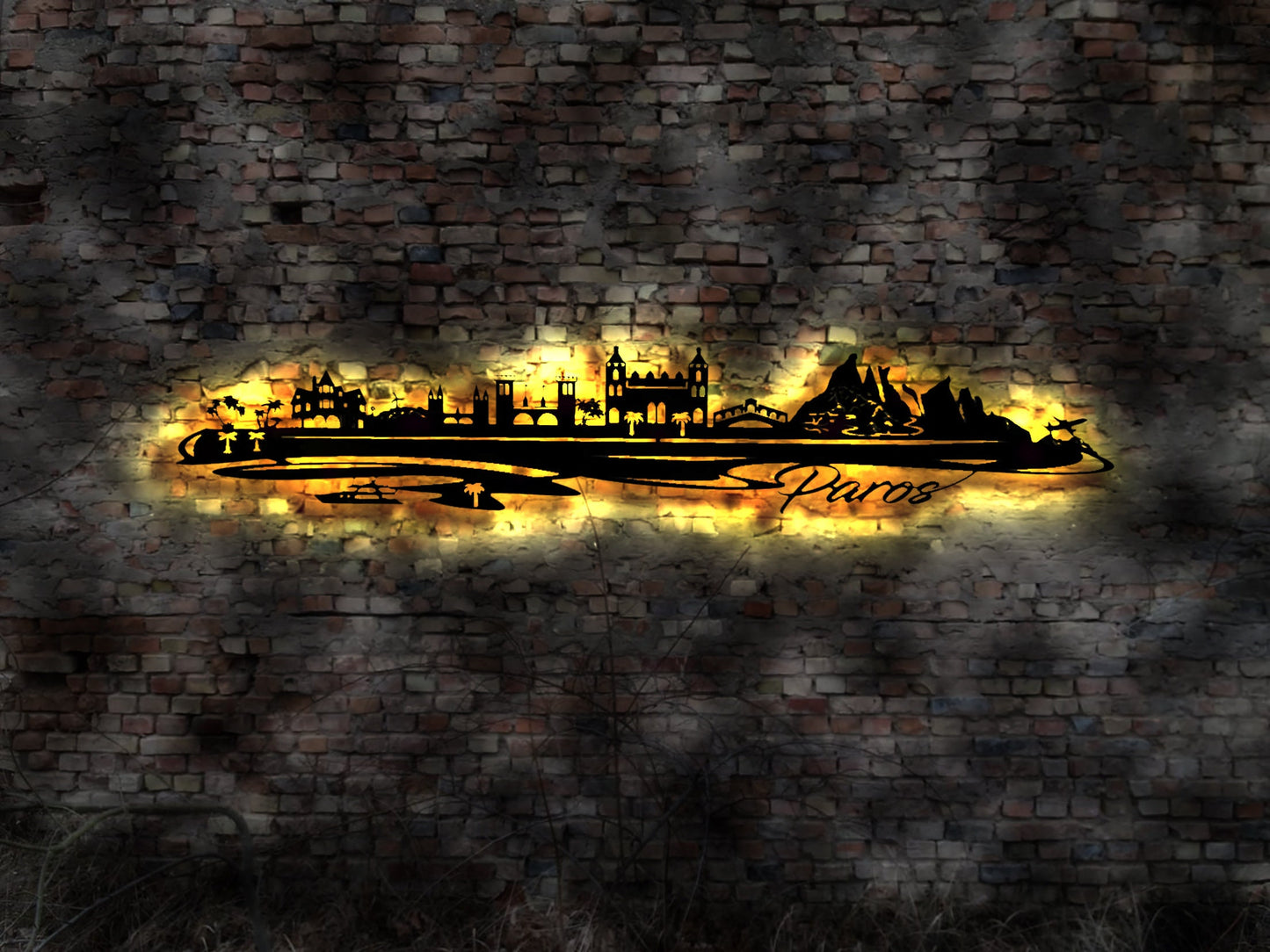 Skyline Insel Paros LED Wandbild Holz Stadt AK Karte Map Wandsticker Leuchtbild Neonreklame Wandtattoo Reiseführer Silhouette