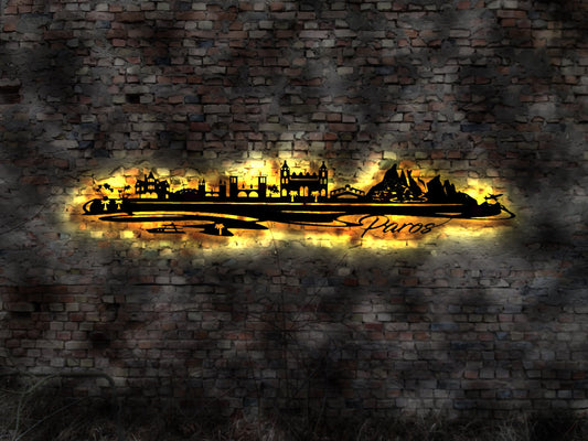 Skyline Insel Paros LED Wandbild Holz Stadt AK Karte Map Wandsticker Leuchtbild Neonreklame Wandtattoo Reiseführer Silhouette