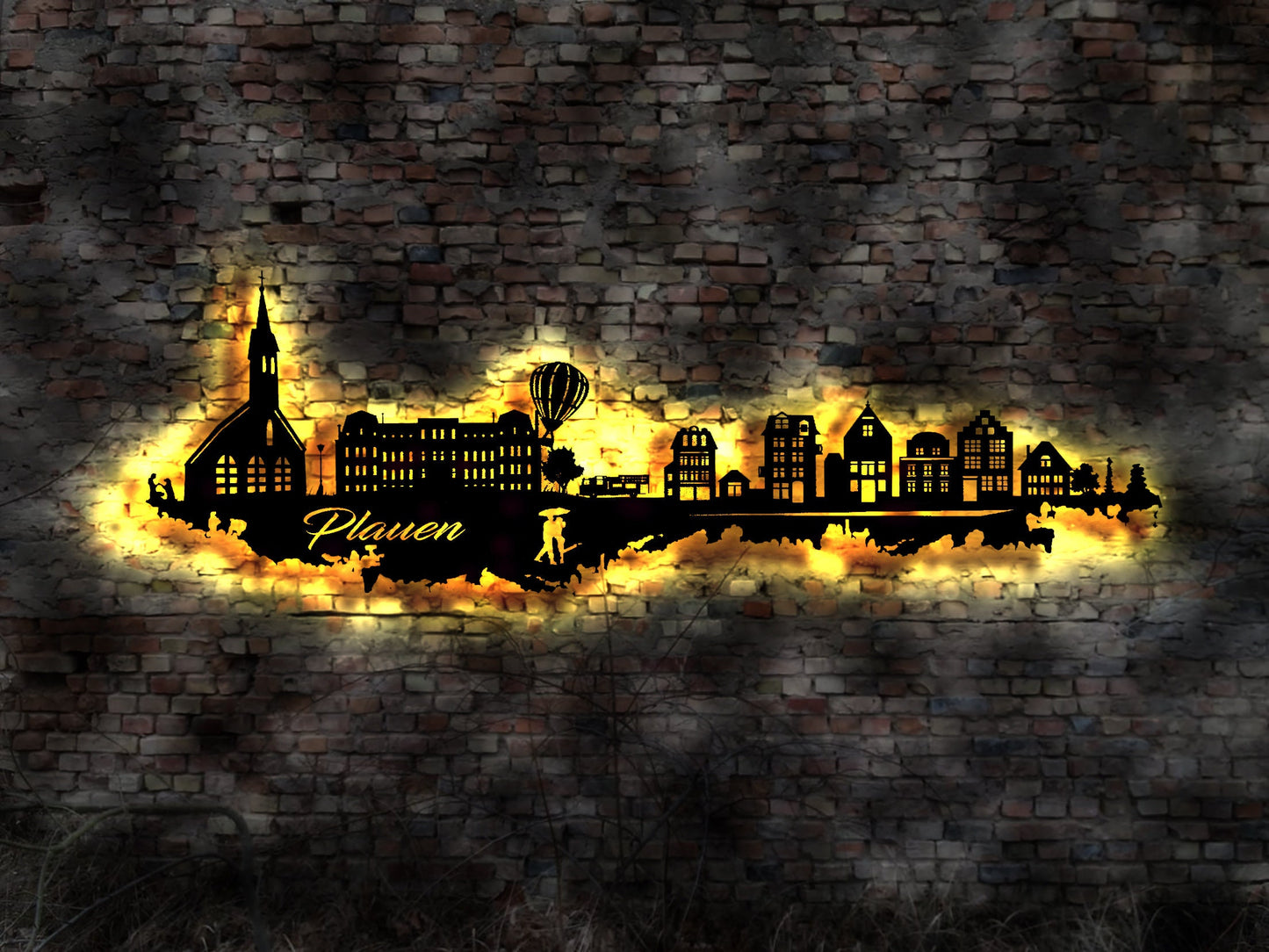 Skyline Plauen LED Wandbild Holz Stadt AK Karte Map Stadtplan Wandsticker Leuchtbild Neonreklame Wandtattoo Reiseführer Silhouette