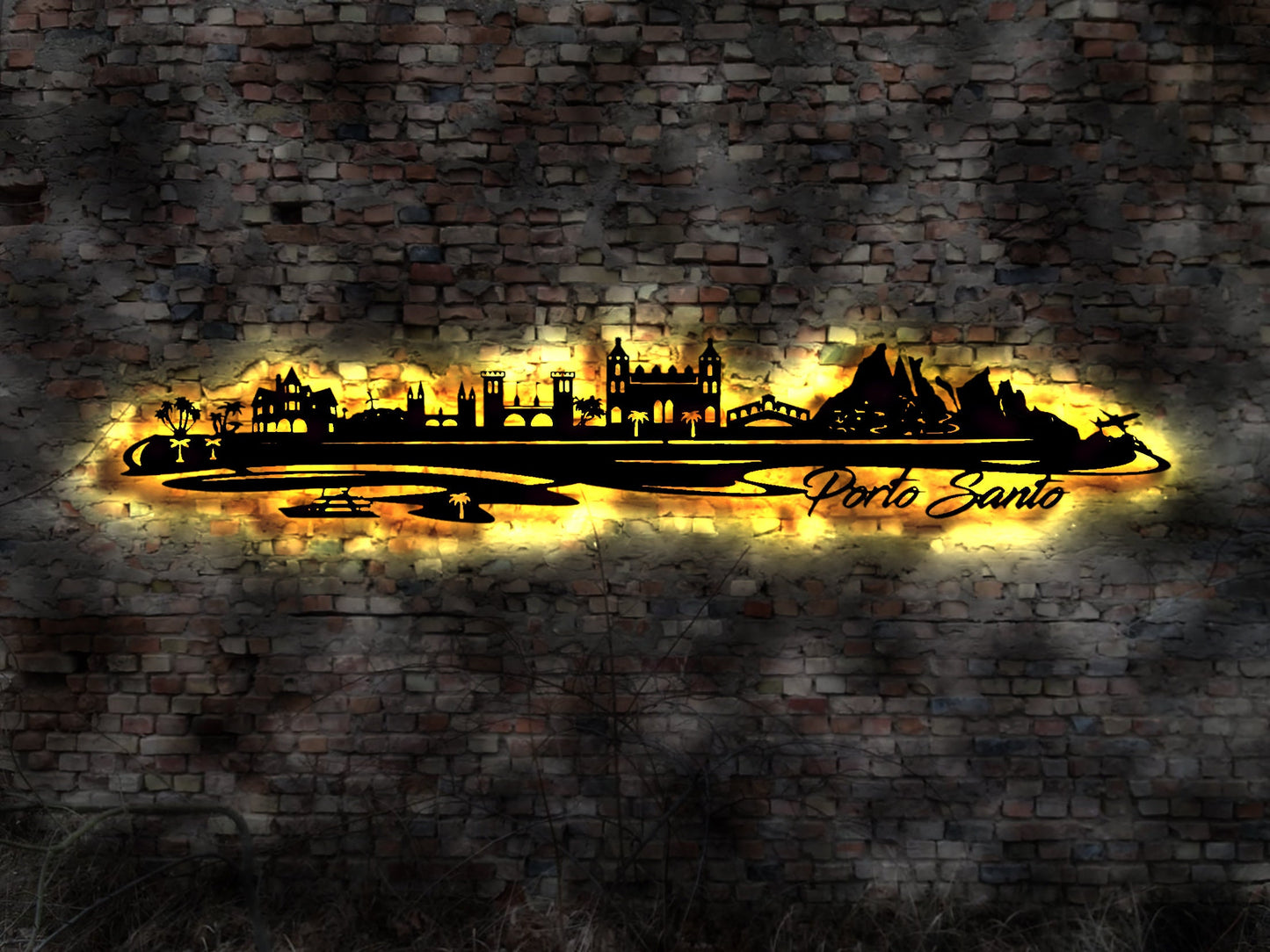 Skyline Insel Porto Santo LED Wandbild Holz Stadt AK Karte Map Wandsticker Leuchtbild Neonreklame Wandtattoo Reiseführer Silhouette