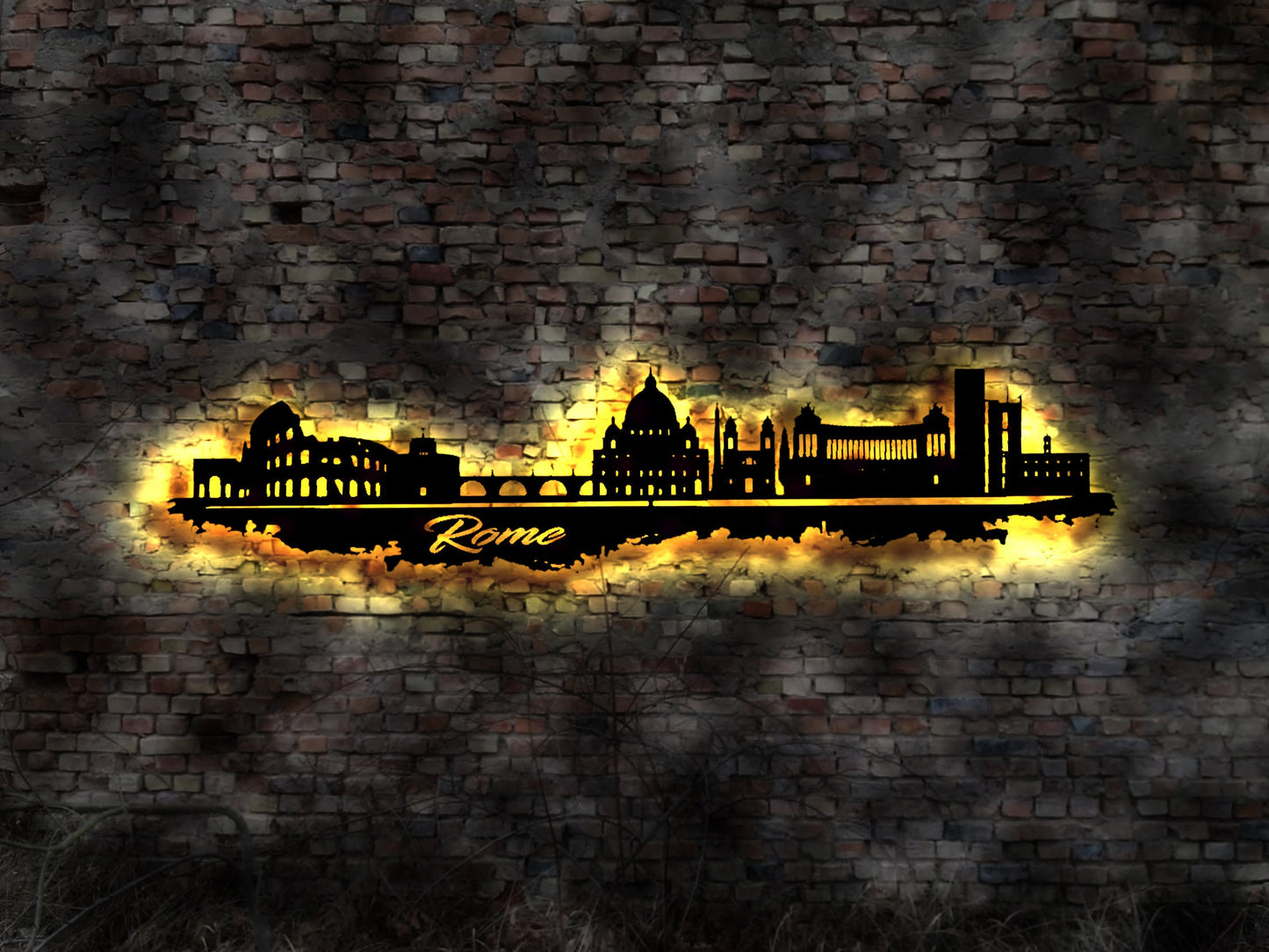 Skyline Rom Roma LED Wandbild Holz Stadt AK Karte Map Stadtplan Wandsticker Leuchtbild Neonreklame Wandtattoo Reiseführer Silhouette