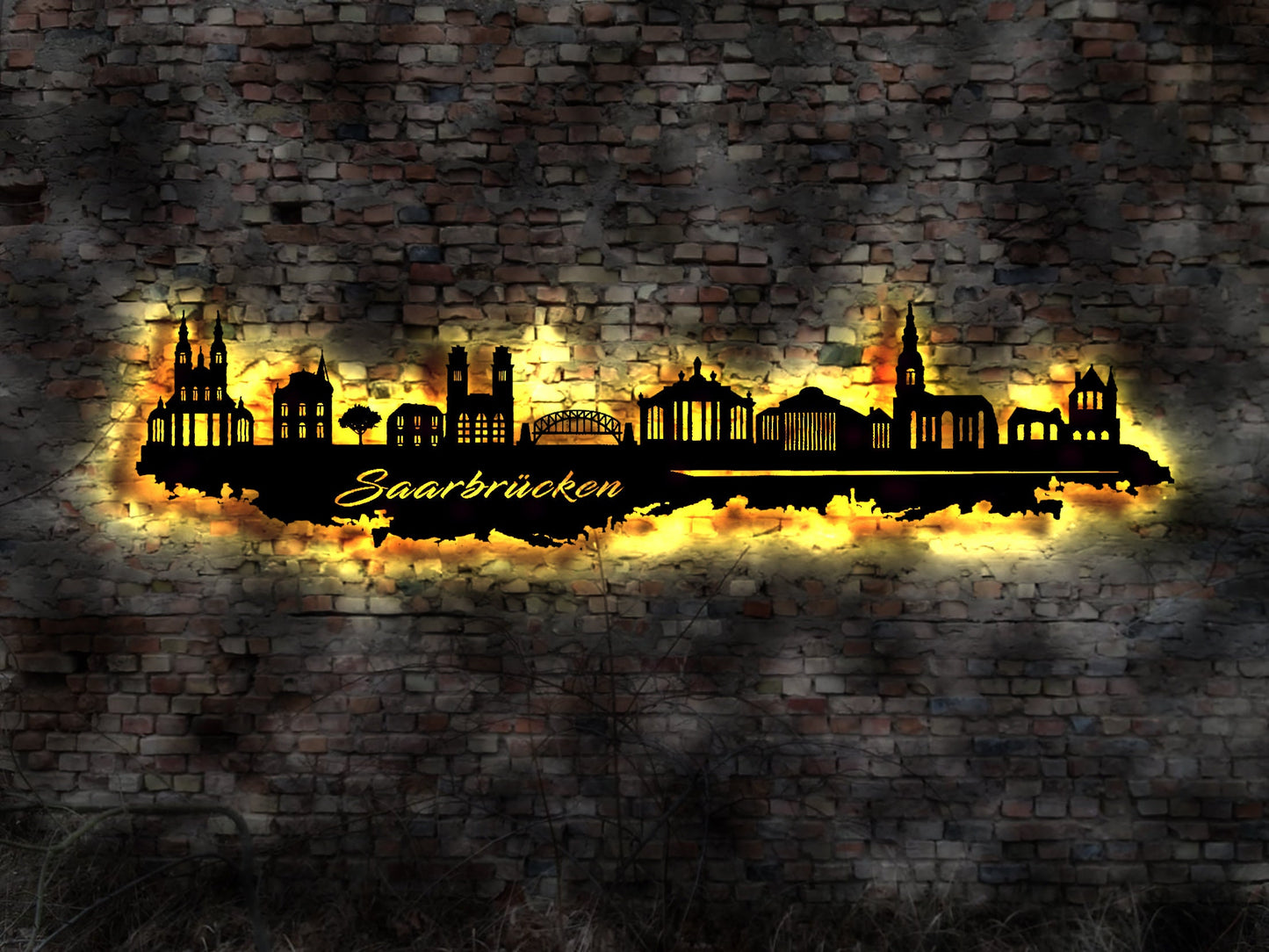 Skyline Saarbrücken LED Wandbild Holz Stadt AK Karte Map Stadtplan Wandsticker Leuchtbild Neonreklame Wandtattoo Reiseführer Silhouette