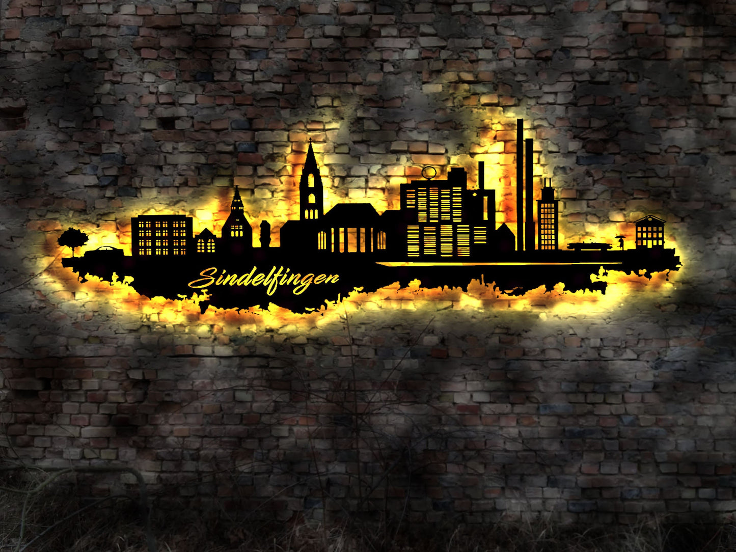 Skyline Sindelfingen LED Wandbild Holz Stadt AK Karte Map Stadtplan Wandsticker Leuchtbild Neonreklame Wandtattoo Reiseführer Silhouette