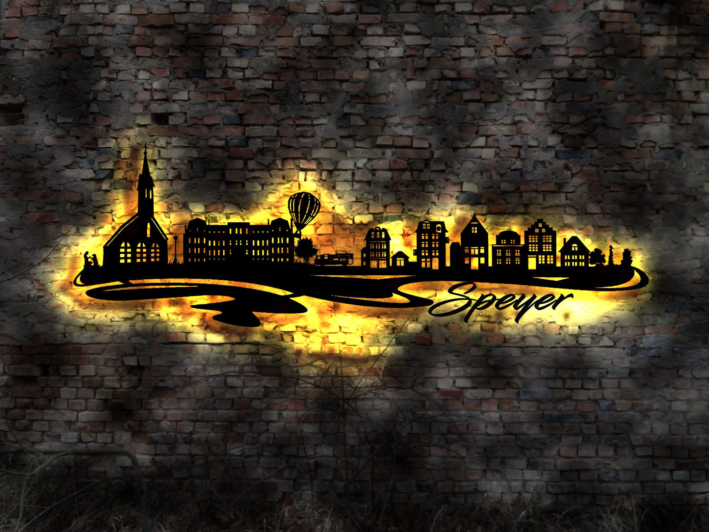 Skyline Speyer LED Wandbild Holz Stadt AK Karte Map Stadtplan Wandsticker Leuchtbild Neonreklame Wandtattoo Reiseführer Silhouette